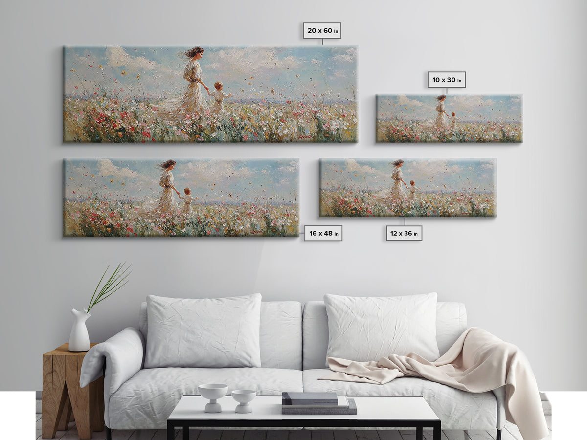 Mother And Child Walking Through Wildflowers Wall Art, Impressionist Meadow Canvas Print, Nursery Decor Gift For Mom And Her