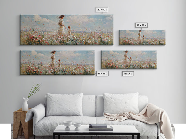 Mother And Child Walking Through Wildflowers Wall Art, Impressionist Meadow Canvas Print, Nursery Decor Gift For Mom And Her