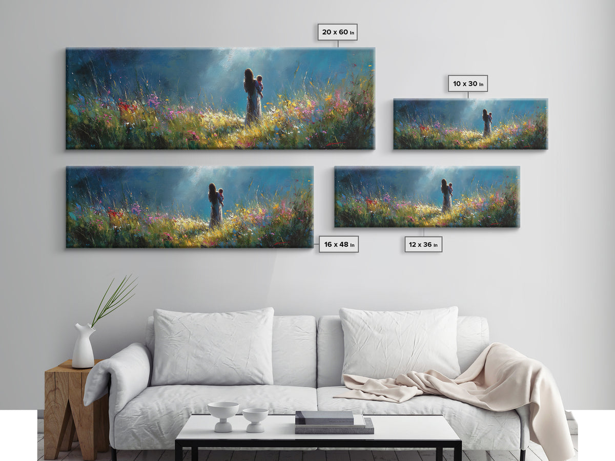 Moonlit Mother Holding Baby In Wildflower Meadow Wall Art, Impressionist Canvas Print, Nursery Decor Gift For Mom And Her