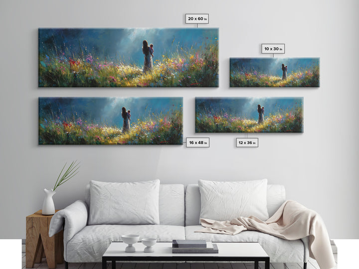 Moonlit Mother Holding Baby In Wildflower Meadow Wall Art, Impressionist Canvas Print, Nursery Decor Gift For Mom And Her
