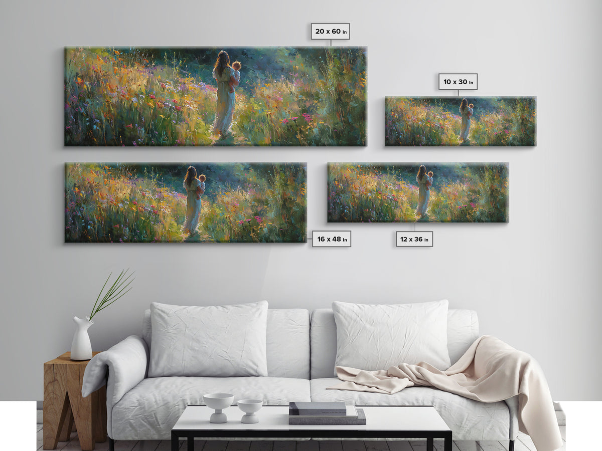 Mother And Baby In Sunlit Wildflower Path Wall Art, Impressionist Landscape Canvas Print, Nursery Decor Gift For Mom And Her