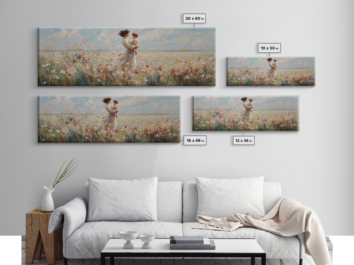 Mother Embracing Child In Breezy Wildflower Field Wall Art, Impressionist Canvas Print, Feminine Nursery Decor Gift For Mom