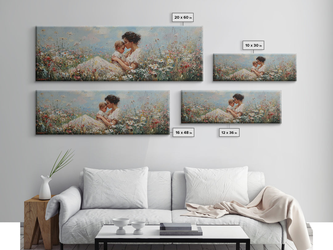 Seated Mother Cuddling Baby Among Wildflowers Wall Art, Impressionist Floral Canvas Print, Nursery Decor Gift For Mom And Her