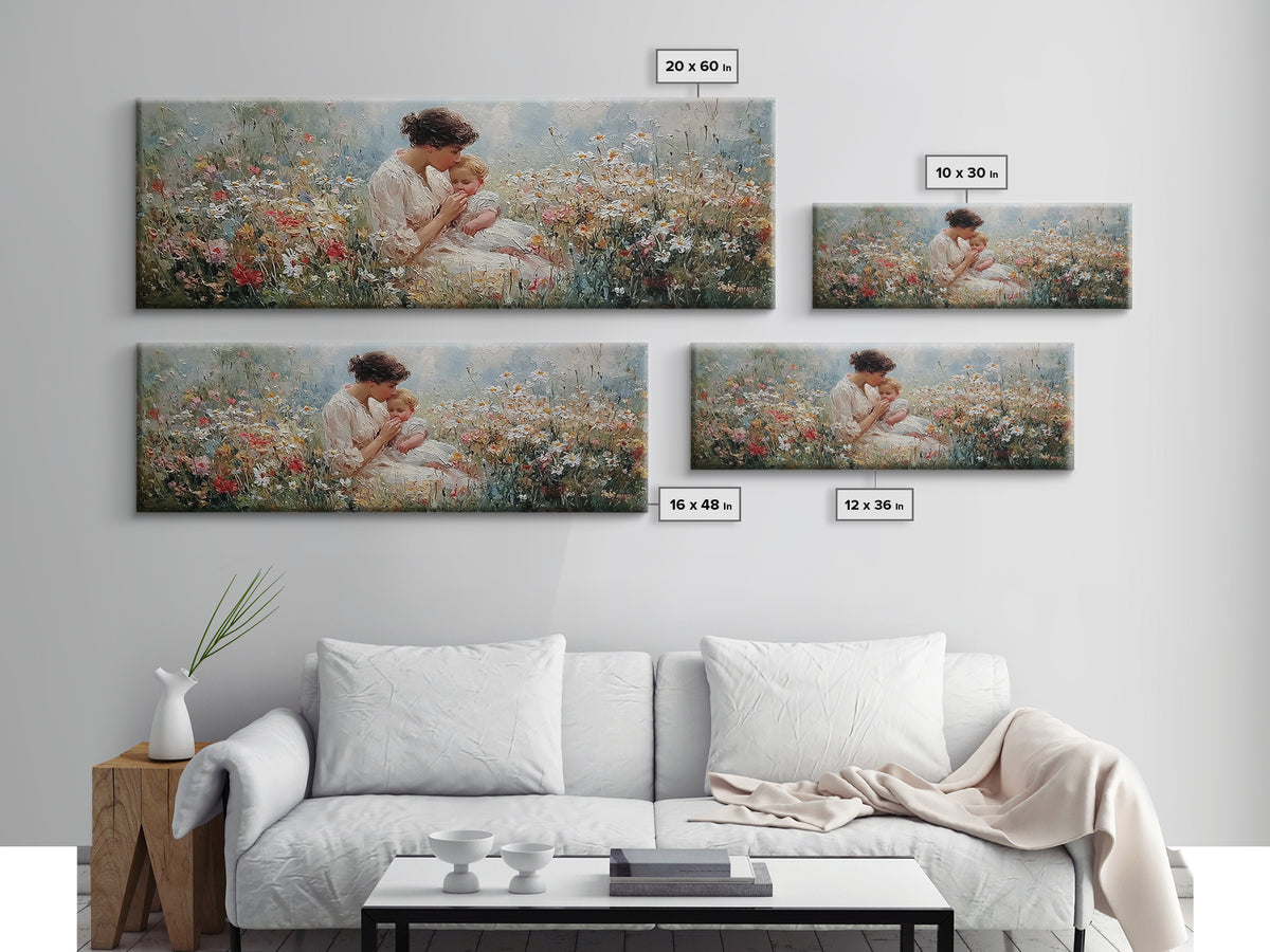 Tender Mother Kissing Baby In Floral Meadow Wall Art, Impressionist Framed Canvas Print, Nursery Decor Gift For Mom And Her