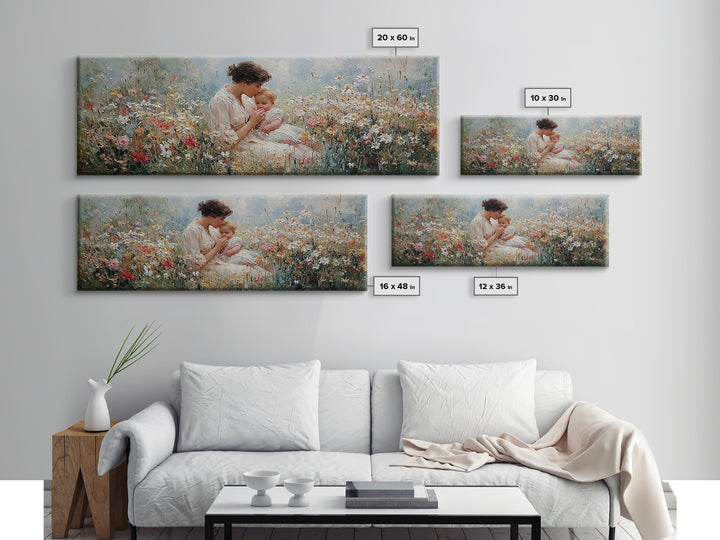Tender Mother Kissing Baby In Floral Meadow Wall Art, Impressionist Framed Canvas Print, Nursery Decor Gift For Mom And Her