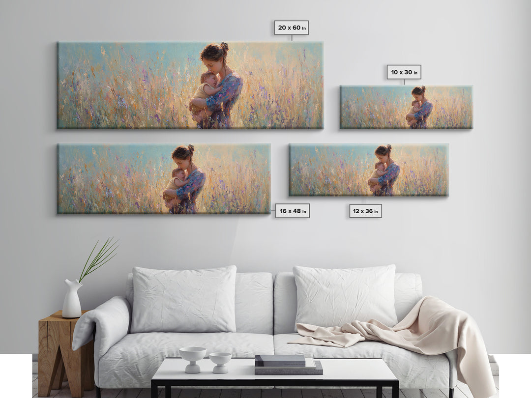 Mother Holding Newborn In Pastel Meadow Wall Art, Impressionist Floral Canvas Print, Baby Nursery Decor Gift For Mom And Her