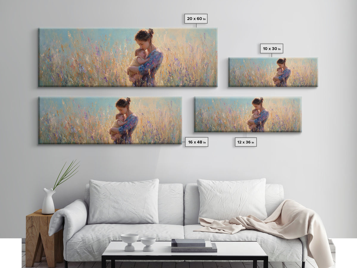 Mother Holding Newborn In Pastel Meadow Wall Art, Impressionist Floral Canvas Print, Baby Nursery Decor Gift For Mom And Her