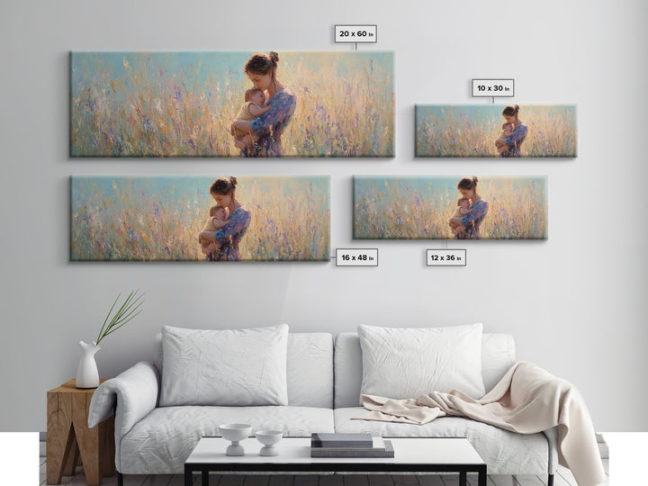Mother Holding Newborn In Pastel Meadow Wall Art, Impressionist Floral Canvas Print, Baby Nursery Decor Gift For Mom And Her