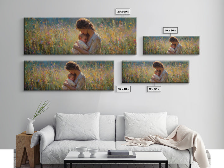 Mother And Sleeping Baby In Glowing Meadow Wall Art, Impressionist Framed Canvas Print, Nursery Decor Gift For Mom And Her