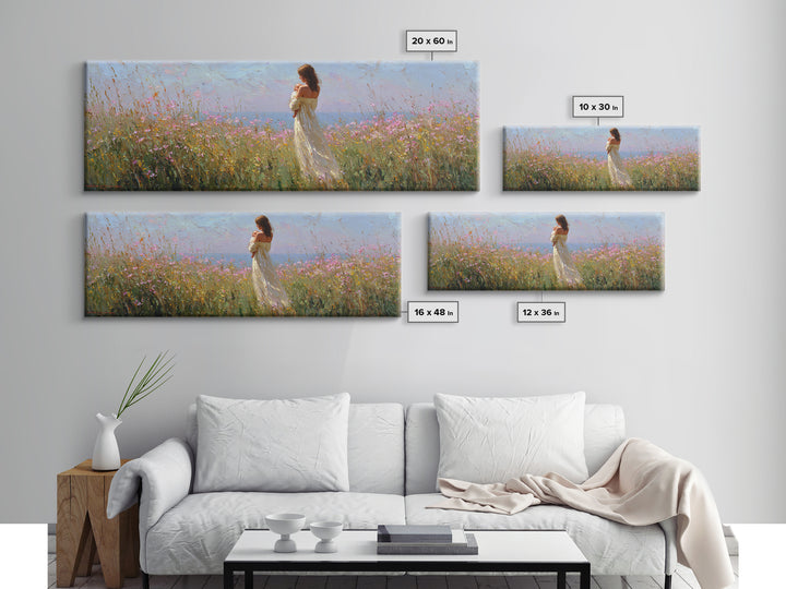 Mother Holding Baby In Open Wildflower Field Wall Art, Impressionist Landscape Canvas Print, Feminine Nursery Decor Gift