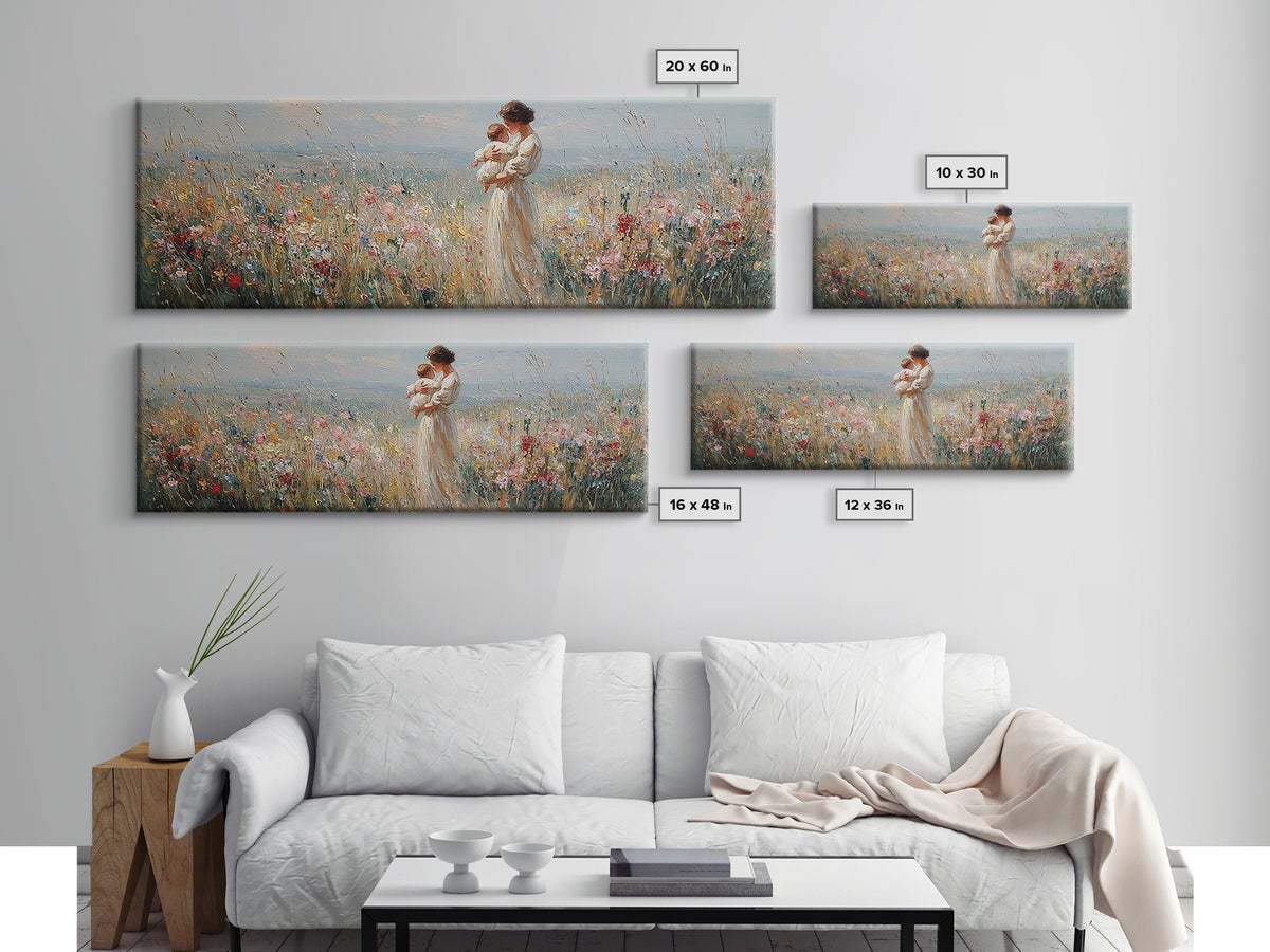 Mother And Baby In Wildflower Meadow Wall Art, Panoramic Canvas Print For Nursery Decor, Feminine Bedroom, Gift For Mom Art