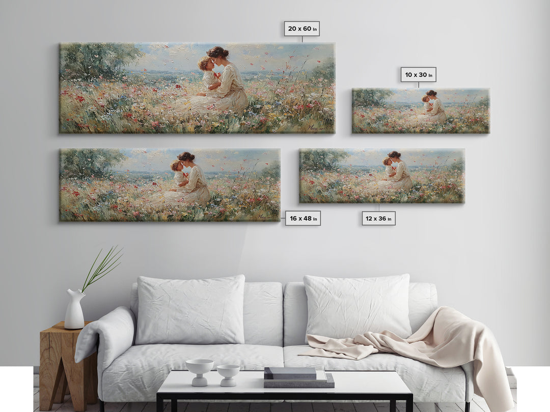 Mother Kissing Child In Butterfly Meadow Wall Art, Panoramic Framed Canvas Print, Floral Nursery Decor, New Mom Gift For Her