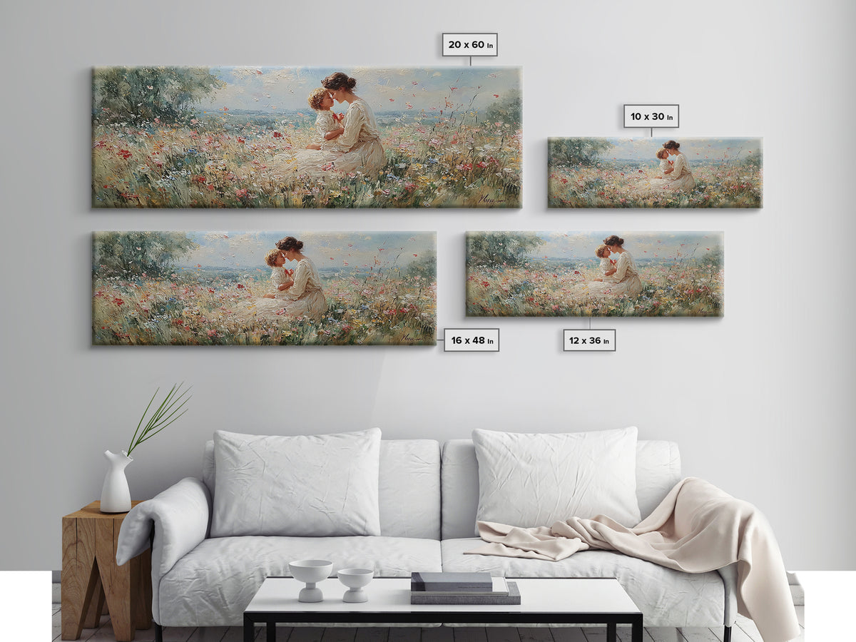 Mother Kissing Child In Butterfly Meadow Wall Art, Panoramic Framed Canvas Print, Floral Nursery Decor, New Mom Gift For Her