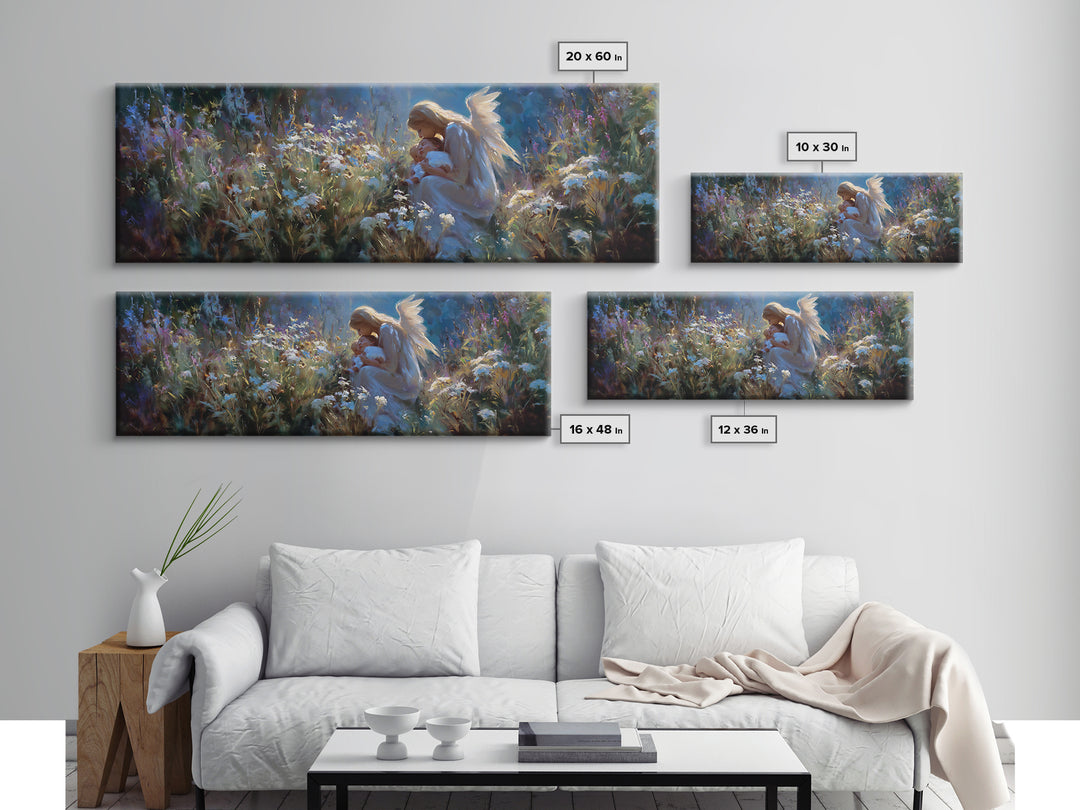 Angel Mother Holding Baby In Moonlit Flowers Wall Art, Spiritual Framed Canvas Print, Celestial Nursery Decor, Baptism Gift