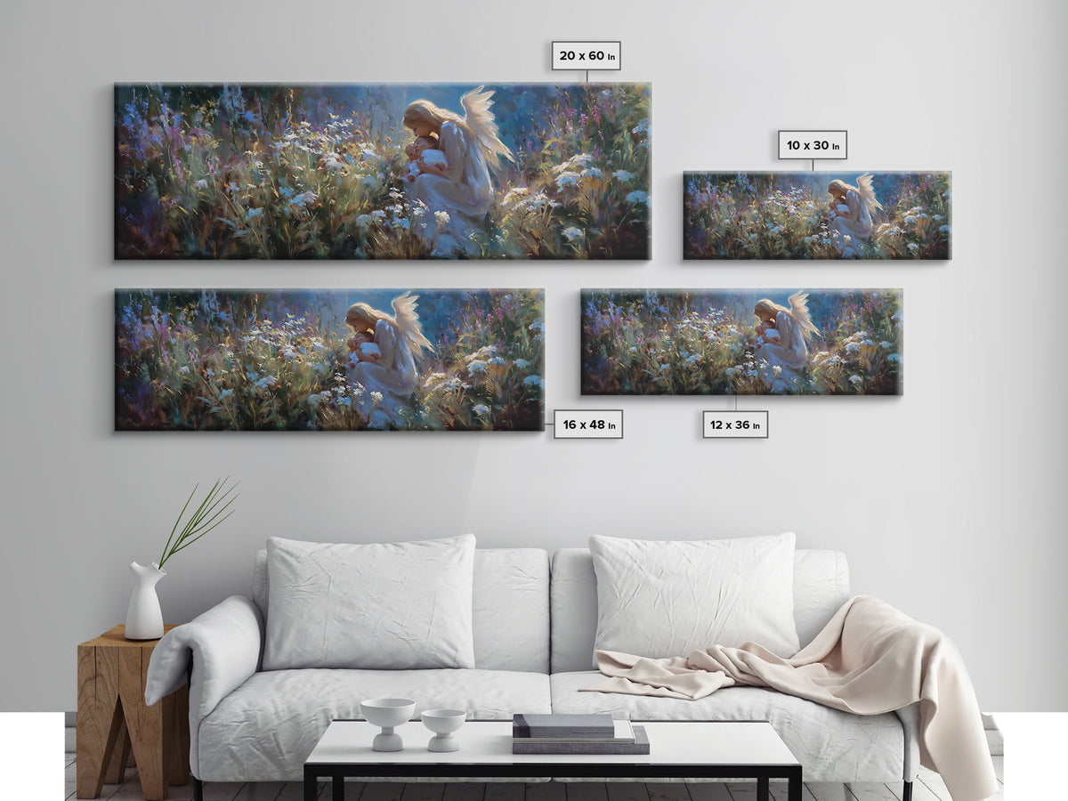 Angel Mother Holding Baby In Moonlit Flowers Wall Art, Spiritual Framed Canvas Print, Celestial Nursery Decor, Baptism Gift