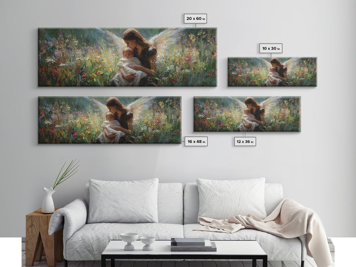 Guardian Angel Cradling Infant In Wildflower Meadow Wall Art, Celestial Canvas Print, Spiritual Nursery Decor, New Baby Gift
