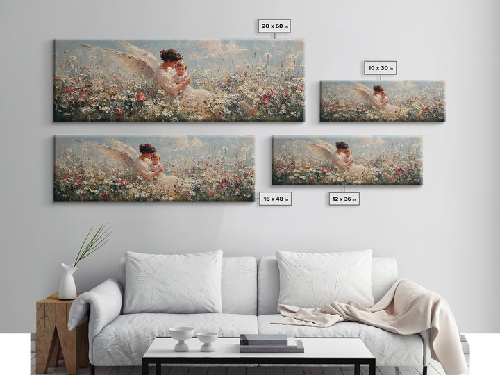 Angel Mother With Toddler In Daisy Meadow Wall Art, Panoramic Framed Canvas Print, Celestial Nursery Decor, Gift For Mom