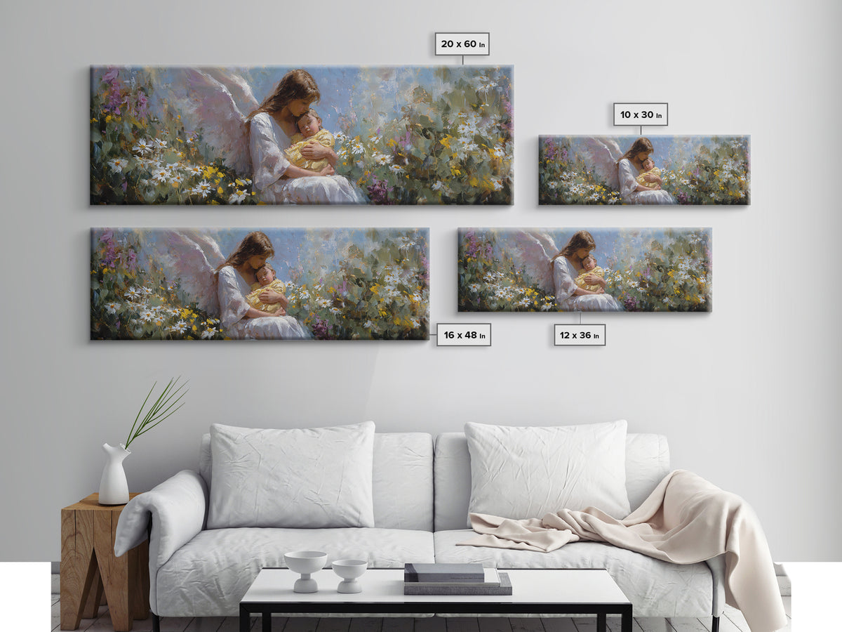 Serene Mother And Baby In Wildflower Meadow Framed Canvas Print, Angel Nursery Art, Christian Wall Art, Gift For Mom, Home Decor