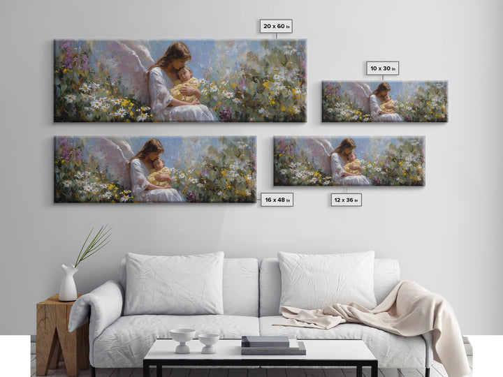 Serene Mother And Baby In Wildflower Meadow Framed Canvas Print, Angel Nursery Art, Christian Wall Art, Gift For Mom, Home Decor