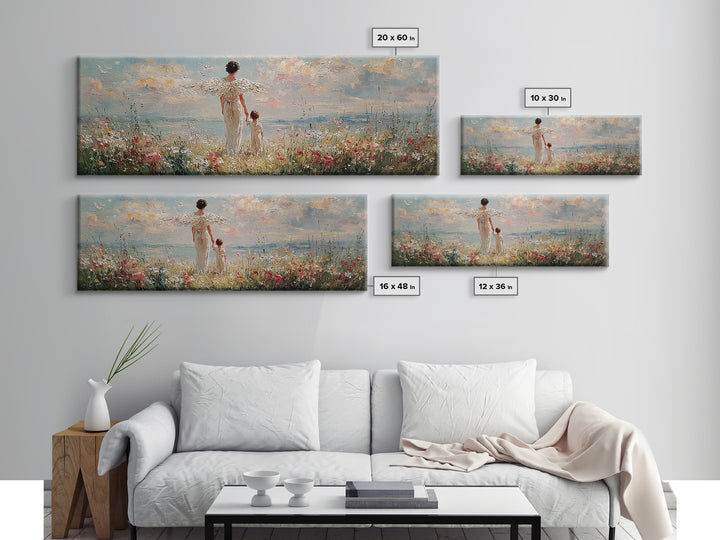 Angel Mother And Child Beside Ocean Meadow Large Wall Art, Coastal Christian Decor, Nursery Canvas Art, Housewarming Gift