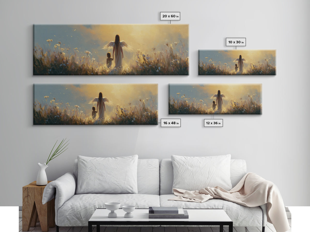Golden Guardian Angel Walking With Child Through Meadow Canvas Print, Spiritual Wall Art, Nursery Decor, Gift For Mom, Home Decor