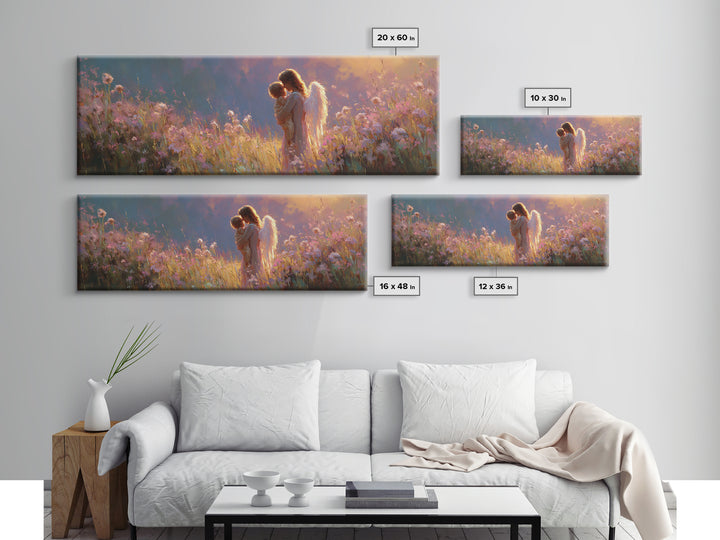 Glowing Angel Mother Cradling Child In Wildflower Meadow Framed Canvas Print, Christian Wall Art, Nursery Decor, Gift For Her