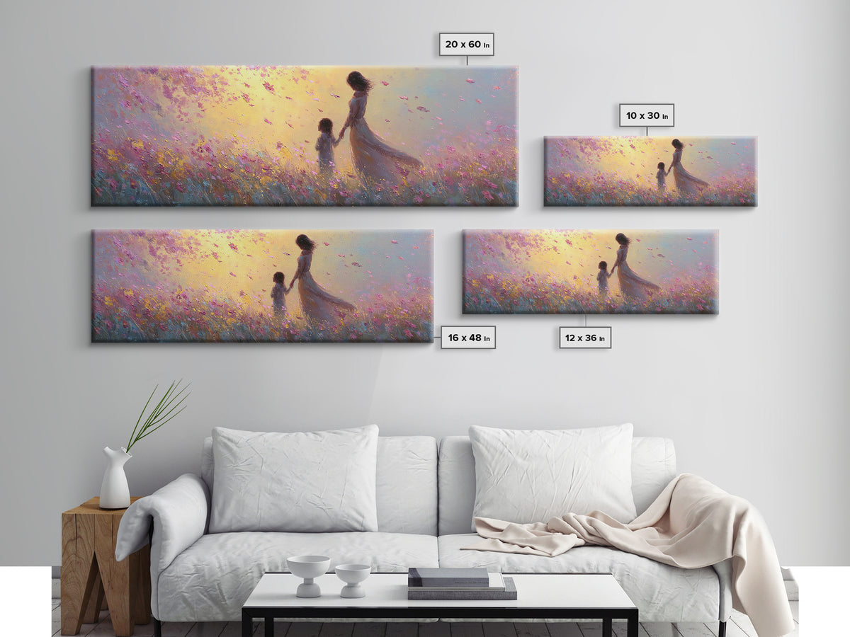 Mother And Child Walking Through Pink Petal Meadow Canvas Print, Feminine Wall Art, Nursery Decor, Gift For Her, Home Decor