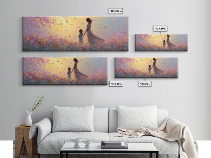 Mother And Child Walking Through Pink Petal Meadow Canvas Print, Feminine Wall Art, Nursery Decor, Gift For Her, Home Decor