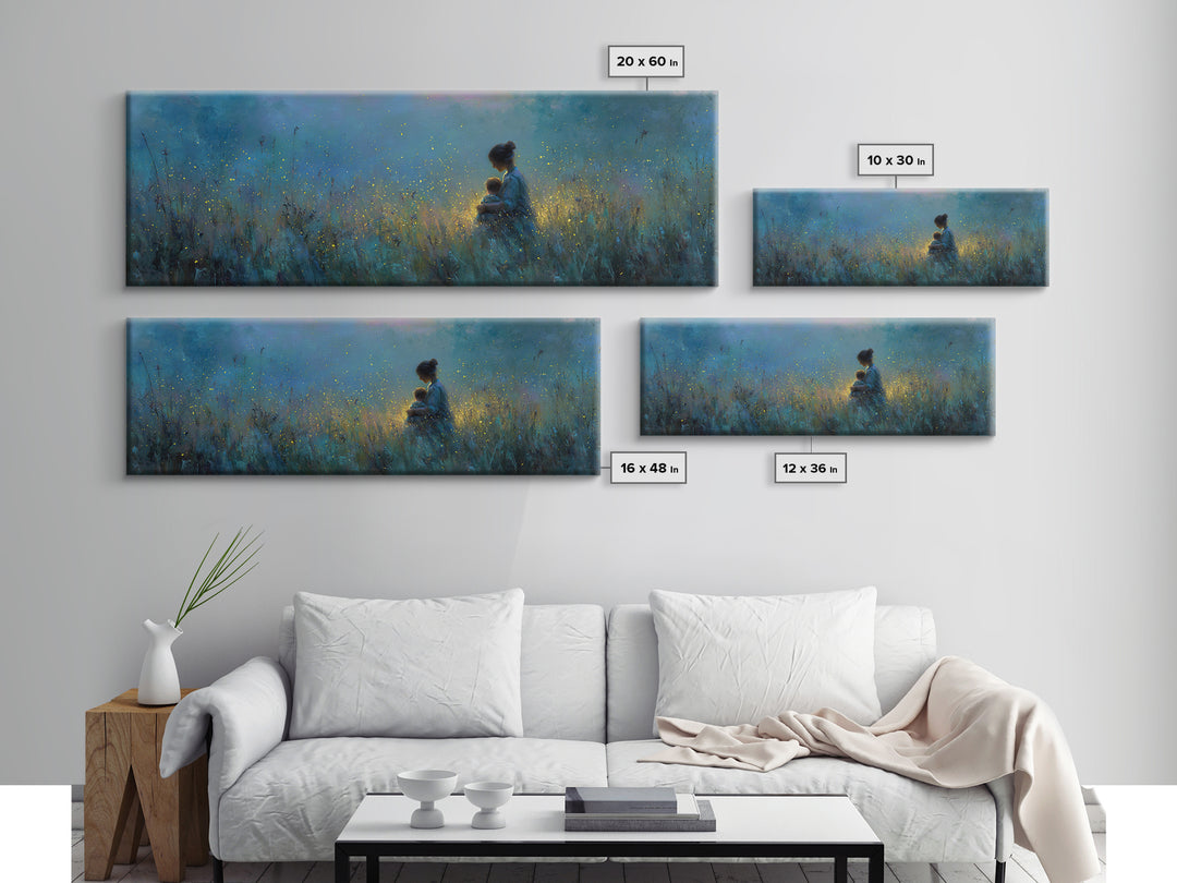 Twilight Mother Holding Baby Among Fireflies Canvas Print, Blue Nursery Wall Art, Calming Cozy Bedroom Decor, Gift For Mom