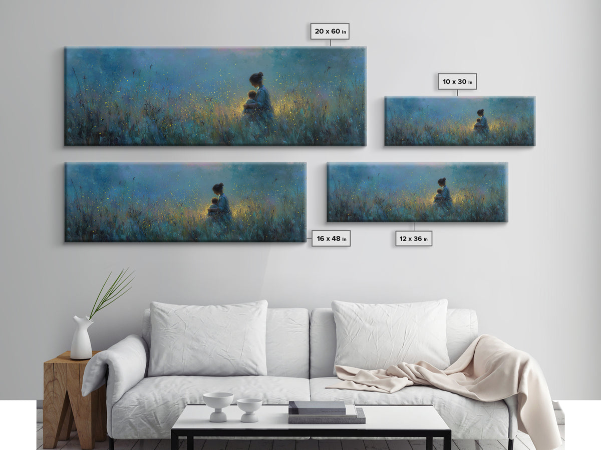 Twilight Mother Holding Baby Among Fireflies Canvas Print, Blue Nursery Wall Art, Calming Cozy Bedroom Decor, Gift For Mom