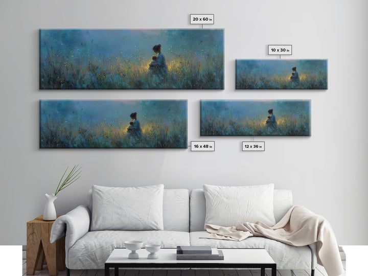Twilight Mother Holding Baby Among Fireflies Canvas Print, Blue Nursery Wall Art, Calming Cozy Bedroom Decor, Gift For Mom