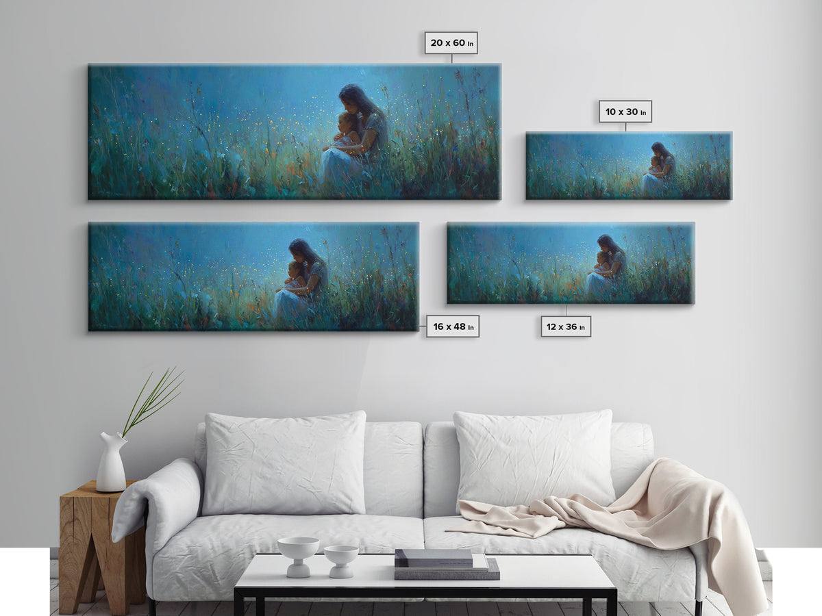 Moonlit Mother And Child Sitting In Blue Meadow Framed Canvas Print, Celestial Wall Art, Nursery Decor, Gift For Mom, Home Decor