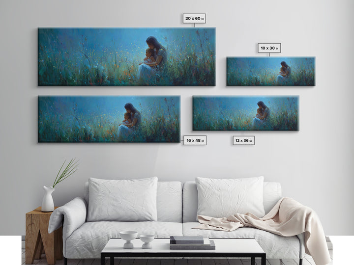 Moonlit Mother And Child Sitting In Blue Meadow Framed Canvas Print, Celestial Wall Art, Nursery Decor, Gift For Mom, Home Decor