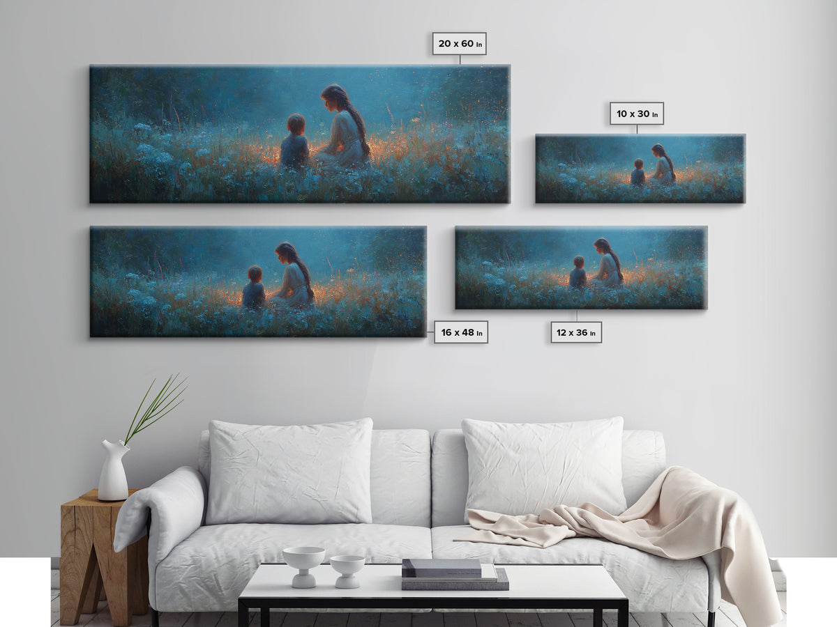 Blue Twilight Mother And Child In Wildflower Meadow Large Wall Art, Serene Nursery Decor, Christian Gift For Mom, Home Decor