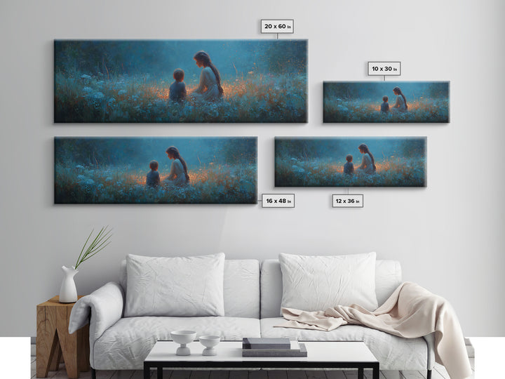 Blue Twilight Mother And Child In Wildflower Meadow Large Wall Art, Serene Nursery Decor, Christian Gift For Mom, Home Decor
