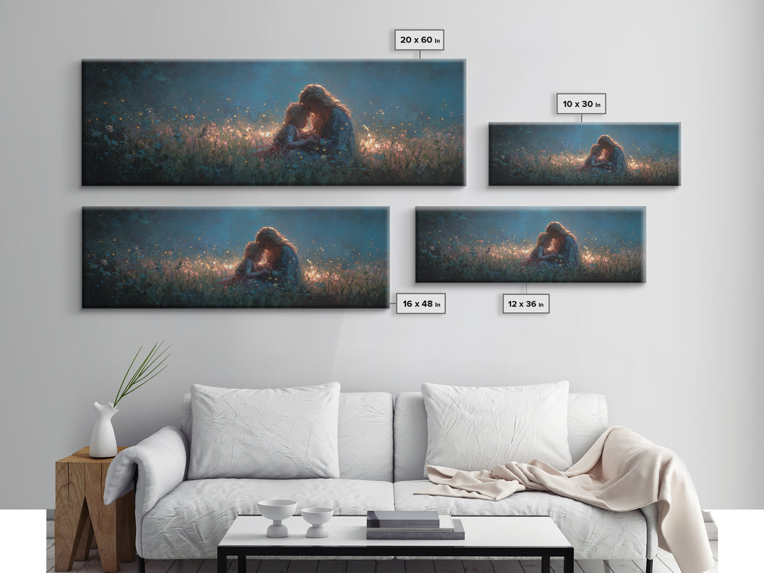 Twilight Mother And Child Wildflower Meadow Wall Art, Panoramic Canvas Print, Nursery Decor, Gift For Her, Above Bed Art