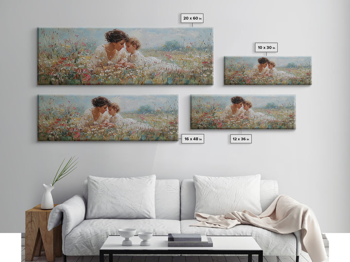 Mother And Baby In Blooming Garden Framed Canvas Print, Floral Wall Art, Nursery Decor, Gift For Mom, Living Room Wall Art