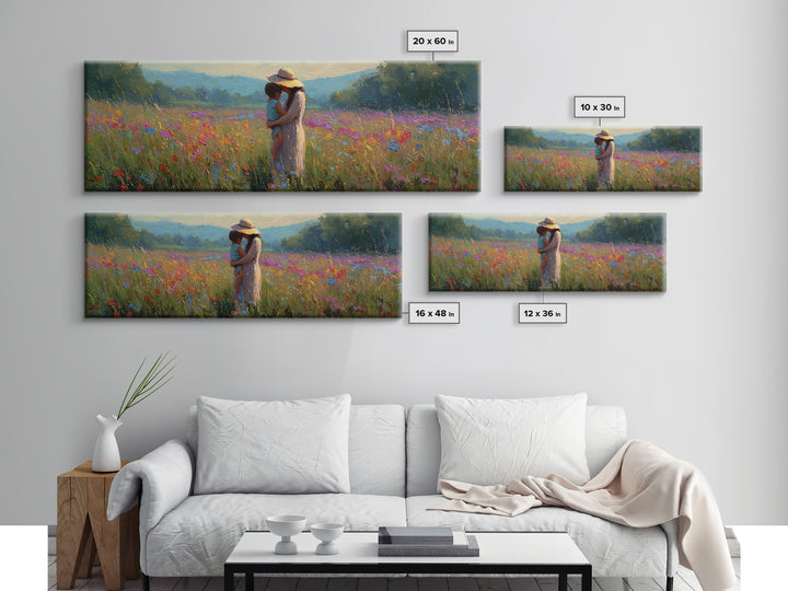 Mother And Child Embracing In Summer Meadow Wall Art, Colorful Canvas Print, Boho Wall Decor, Housewarming Gift, Bedroom Art