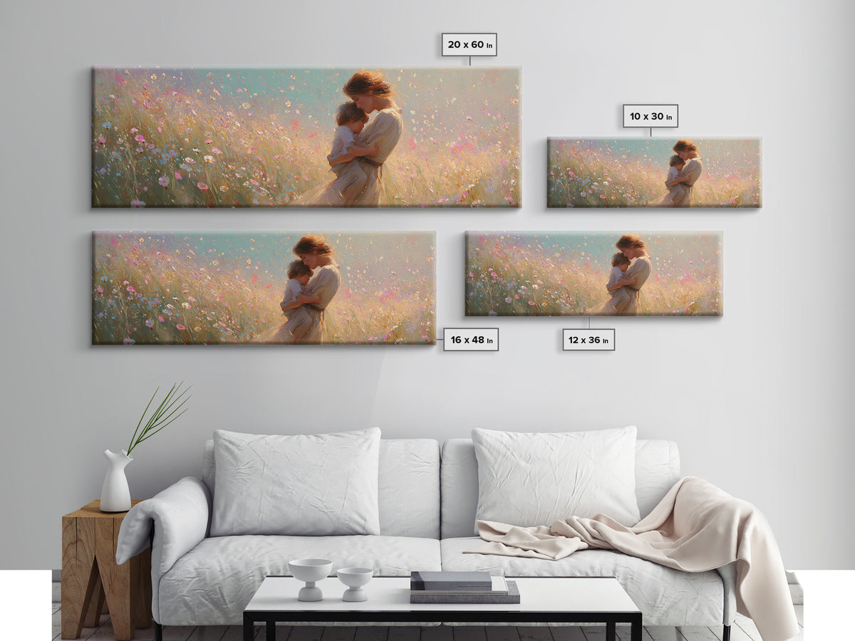 Golden Mother And Child In Pastel Wildflowers Canvas Print, Romantic Wall Art, Feminine Decor, Gift For Her, Above Bed Art
