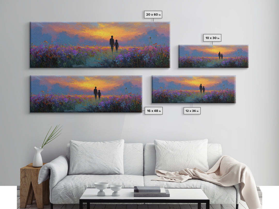 Father And Child Sunset Meadow Wall Art, Wildflower Landscape Canvas Print, Guardian Angel Gift, Nursery And Living Room Decor