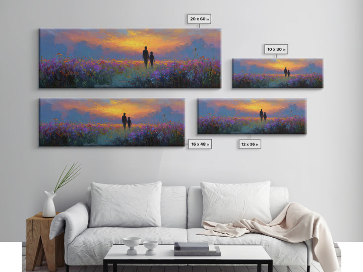 Father And Child Sunset Meadow Wall Art, Wildflower Landscape Canvas Print, Guardian Angel Gift, Nursery And Living Room Decor