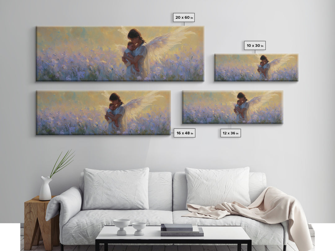 Guardian Angel Mother And Baby In Lavender Field Framed Canvas Print, Christian Wall Art, Nursery Decor, Gift For Mom, Home Decor