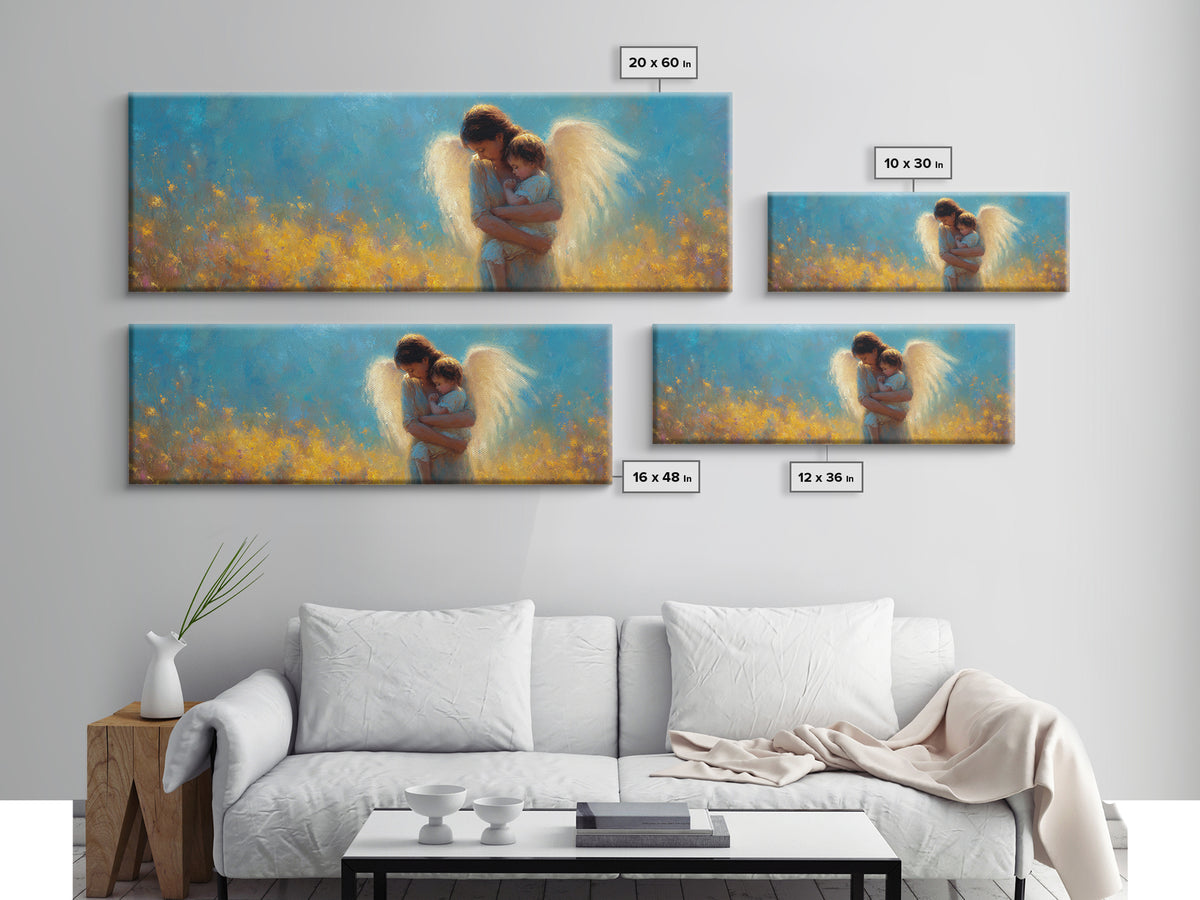 Golden Guardian Angel With Child Canvas Print, Blue Sky Wildflower Wall Art, Christian Nursery Decor, Spiritual Gift For Mom