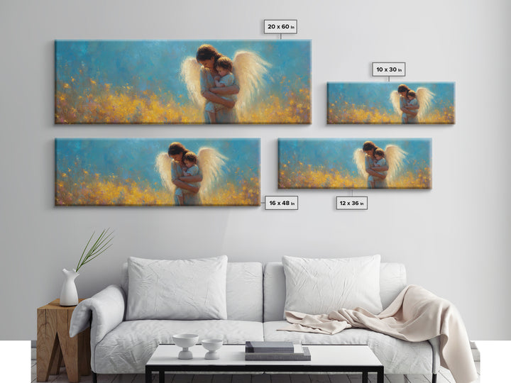 Golden Guardian Angel With Child Canvas Print, Blue Sky Wildflower Wall Art, Christian Nursery Decor, Spiritual Gift For Mom