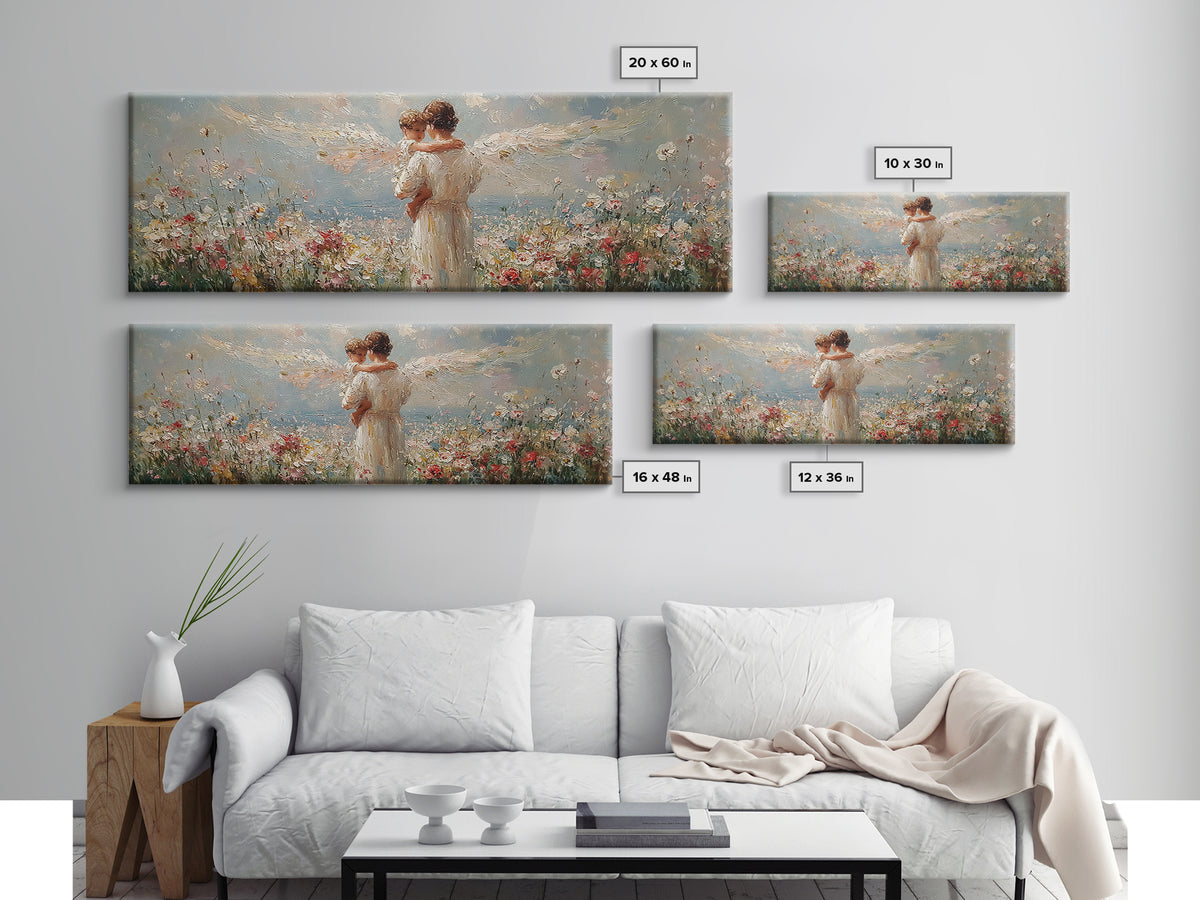 Angel Mother Embracing Child In Flower Garden Wall Art, Textured Oil Painting Framed Canvas Print, Christian Home Decor Gift