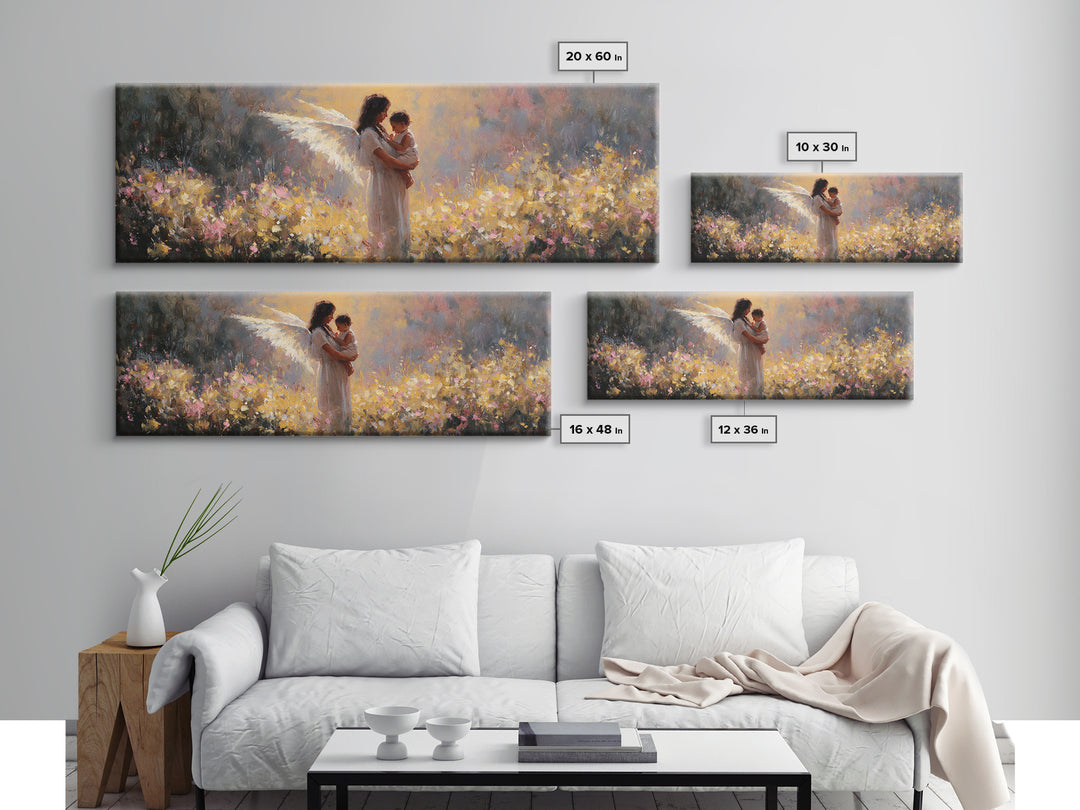Glowing Angel Mother And Child In Flower Field Wall Art, Impressionist Framed Canvas Print, Christian Nursery Decor Gift