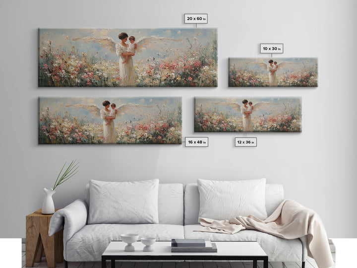 Angel Mother And Child Among White Flowers Framed Canvas Print, Christian Wall Art, Guardian Angel Nursery Decor, Gift For Mom