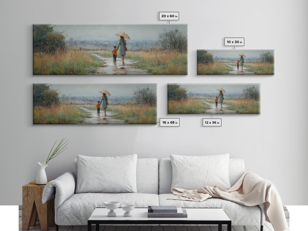 Mother And Child Walking In Rain Wall Art, Umbrella Country Path Landscape Canvas Print, Rustic Farmhouse Home Decor Gift