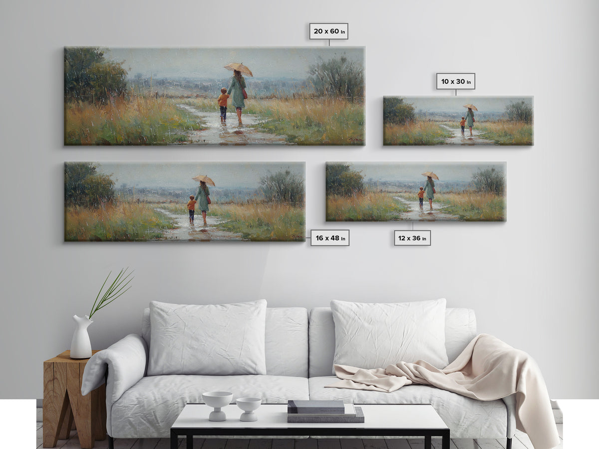 Mother And Child Walking In Rain Wall Art, Umbrella Country Path Landscape Canvas Print, Rustic Farmhouse Home Decor Gift