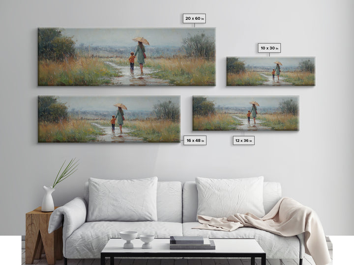 Mother And Child Walking In Rain Wall Art, Umbrella Country Path Landscape Canvas Print, Rustic Farmhouse Home Decor Gift